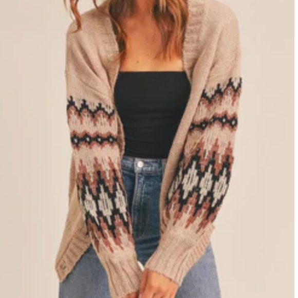 Lush Sweaters - 🐨3️⃣for40 NWOT Lush tan beige brown geometric sleeve cardigan fuzzy sweater